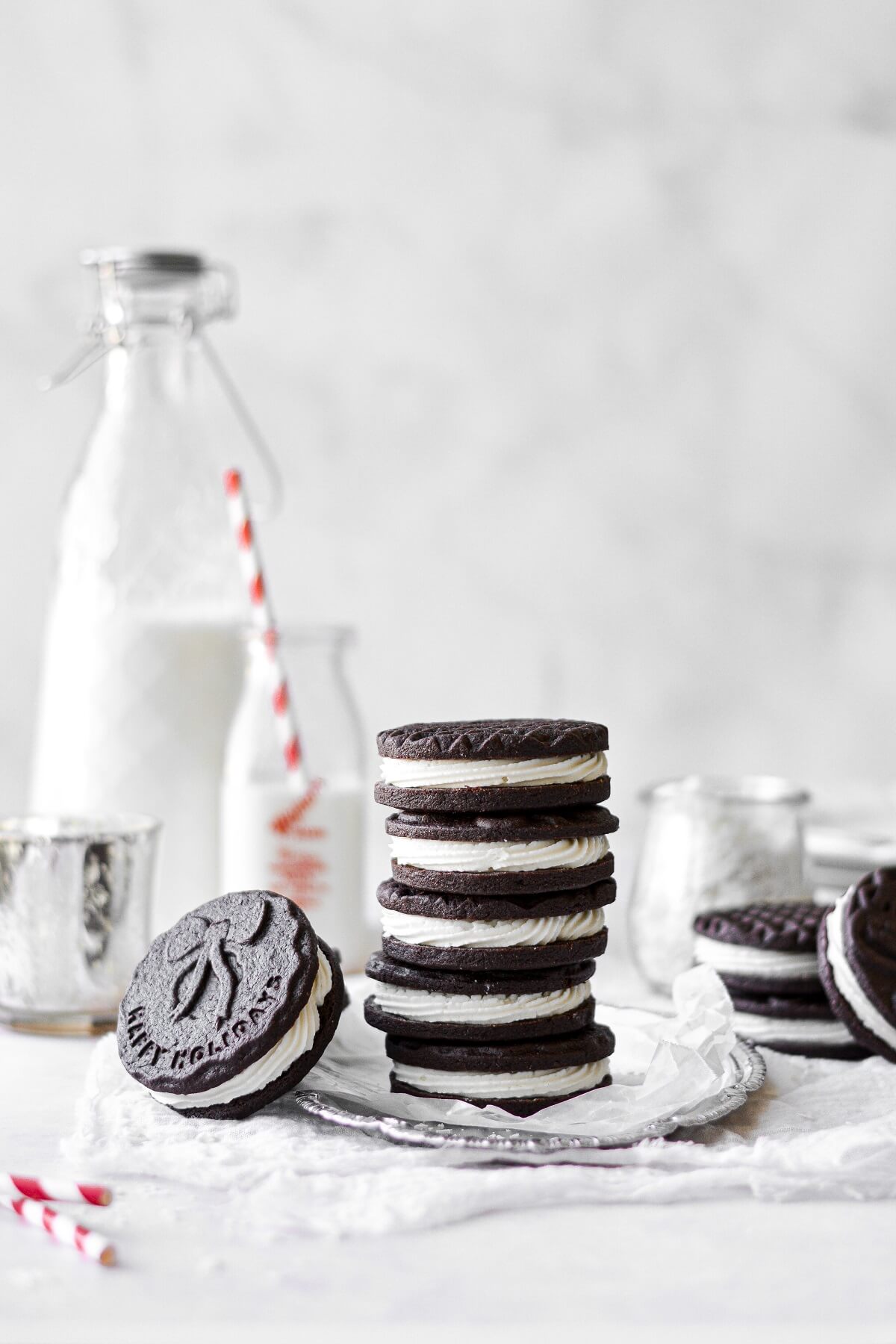 Chocolate sandwich cookies filled with coconut cream frosting.