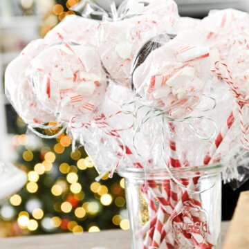 Peppermint bark pops on red and white striped sticks.