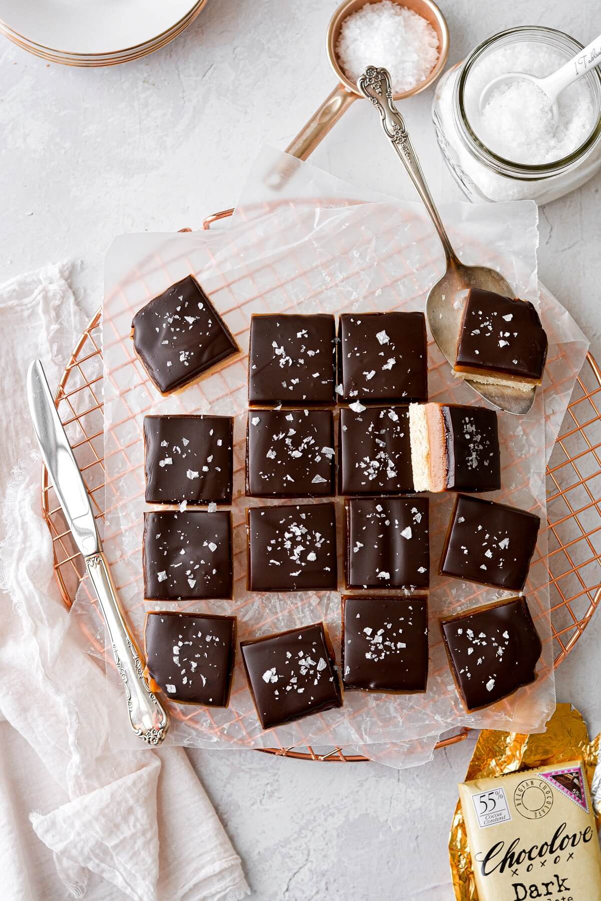 Millionaire's Shortbread, cut into squares, and sprinkled with flaky salt.