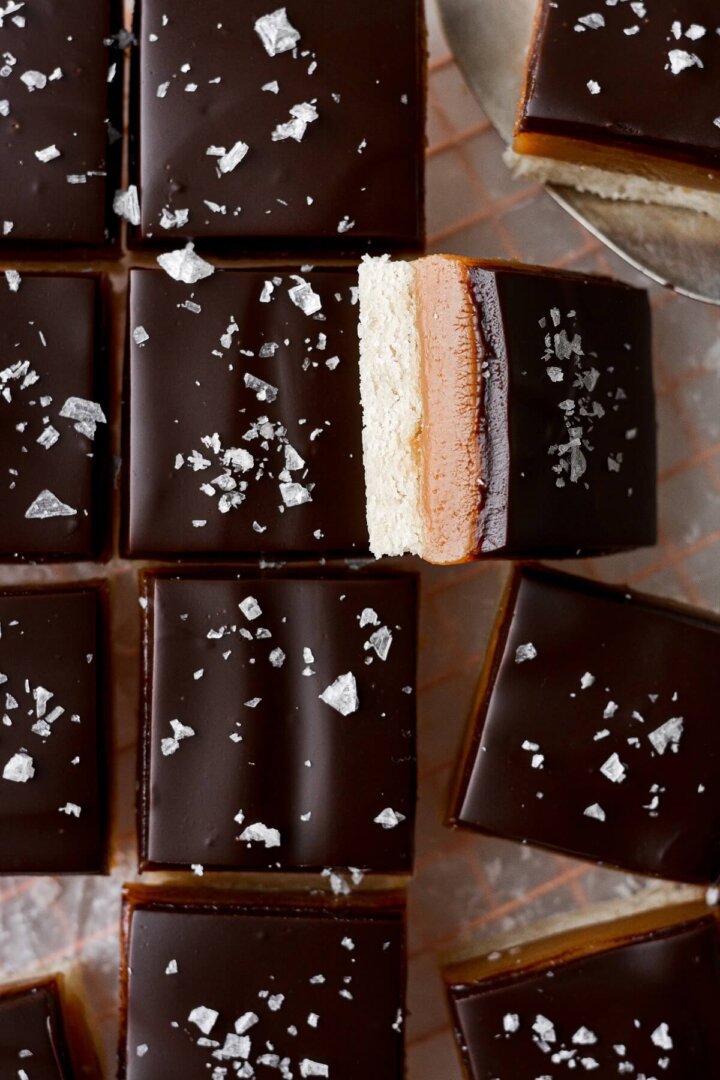 Millionaire's shortbread, cut into squares, and sprinkled with flaky salt.