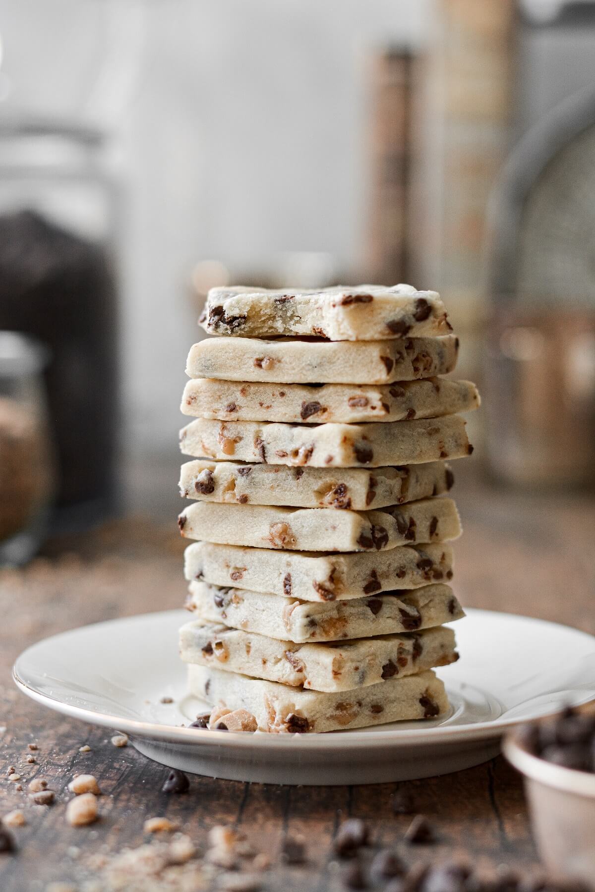 A stack of chocolate chip toffee shortbread.