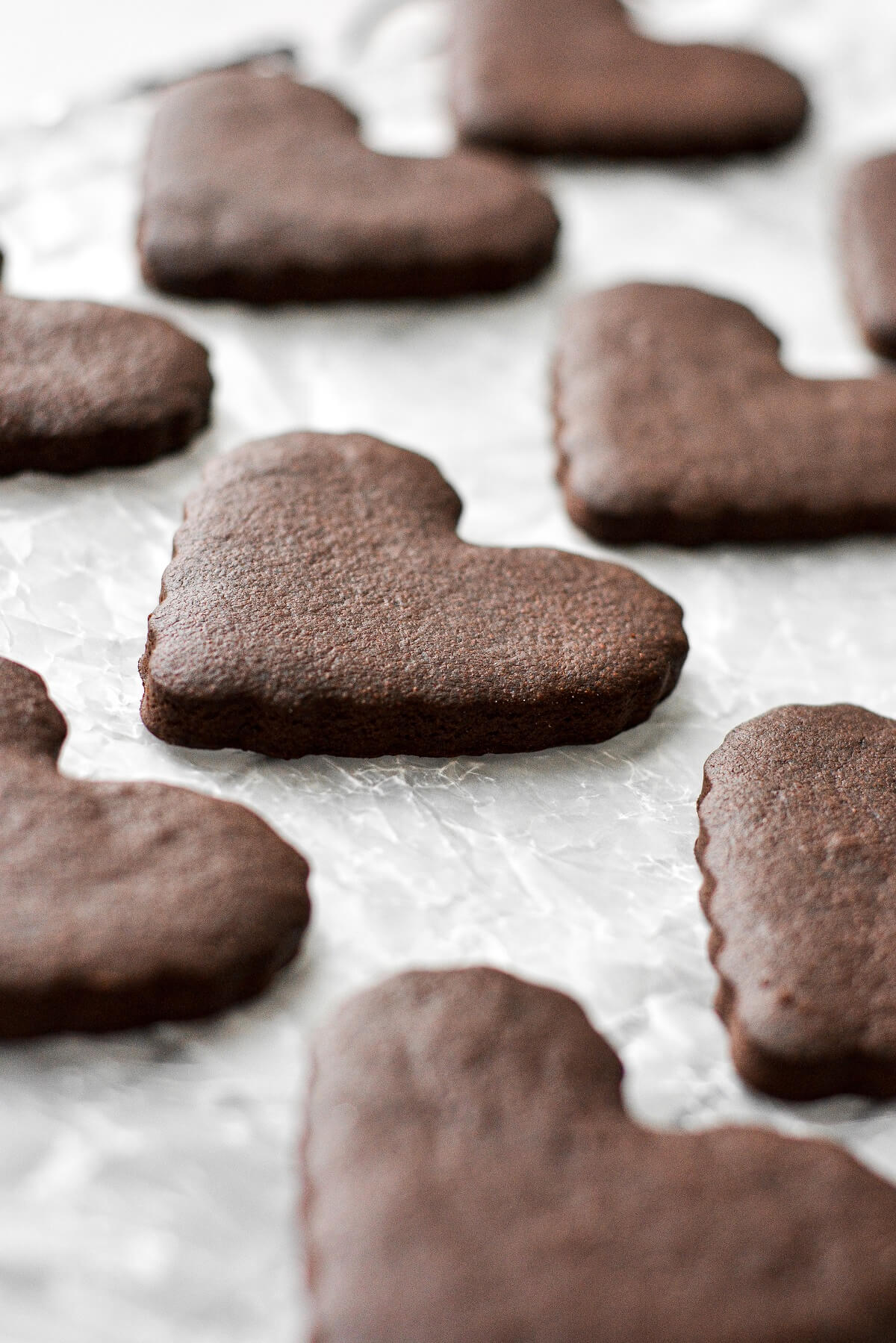 Heart shaped chocolate sugar cookies.