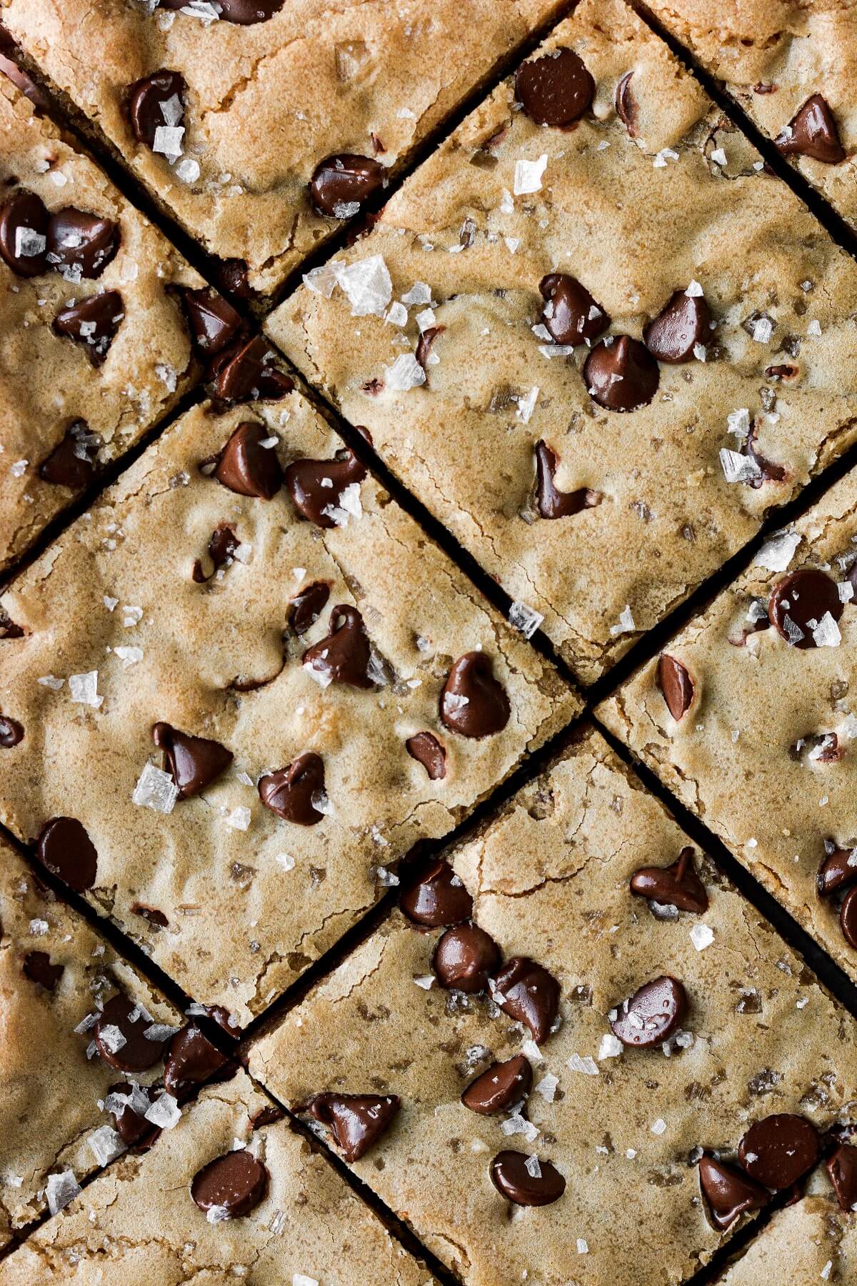 Closeup of squares of cookie butter chocolate chip blondies.