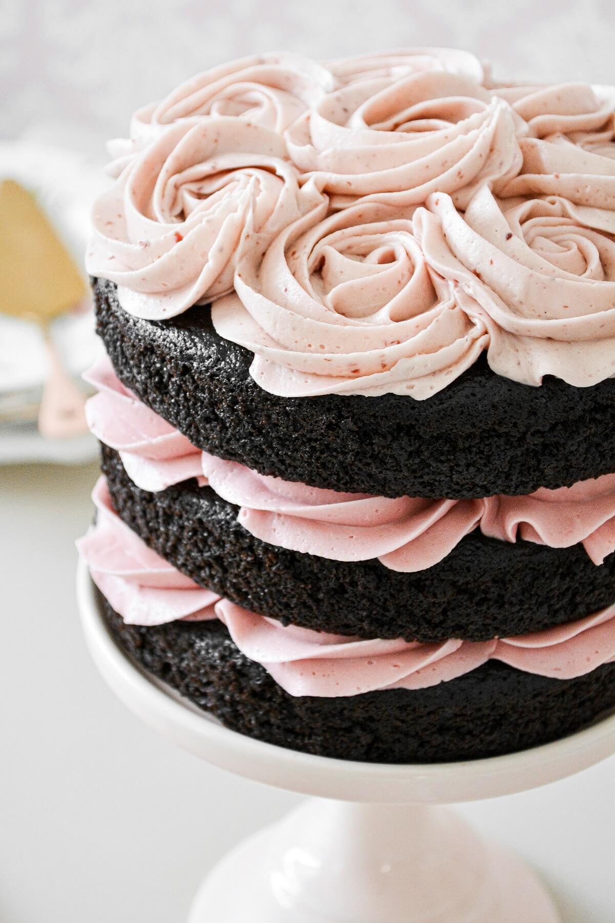 A naked chocolate cake with piped raspberry buttercream rosettes.