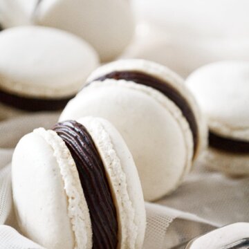 Vanilla bean French macarons, filled with chocolate buttercream.