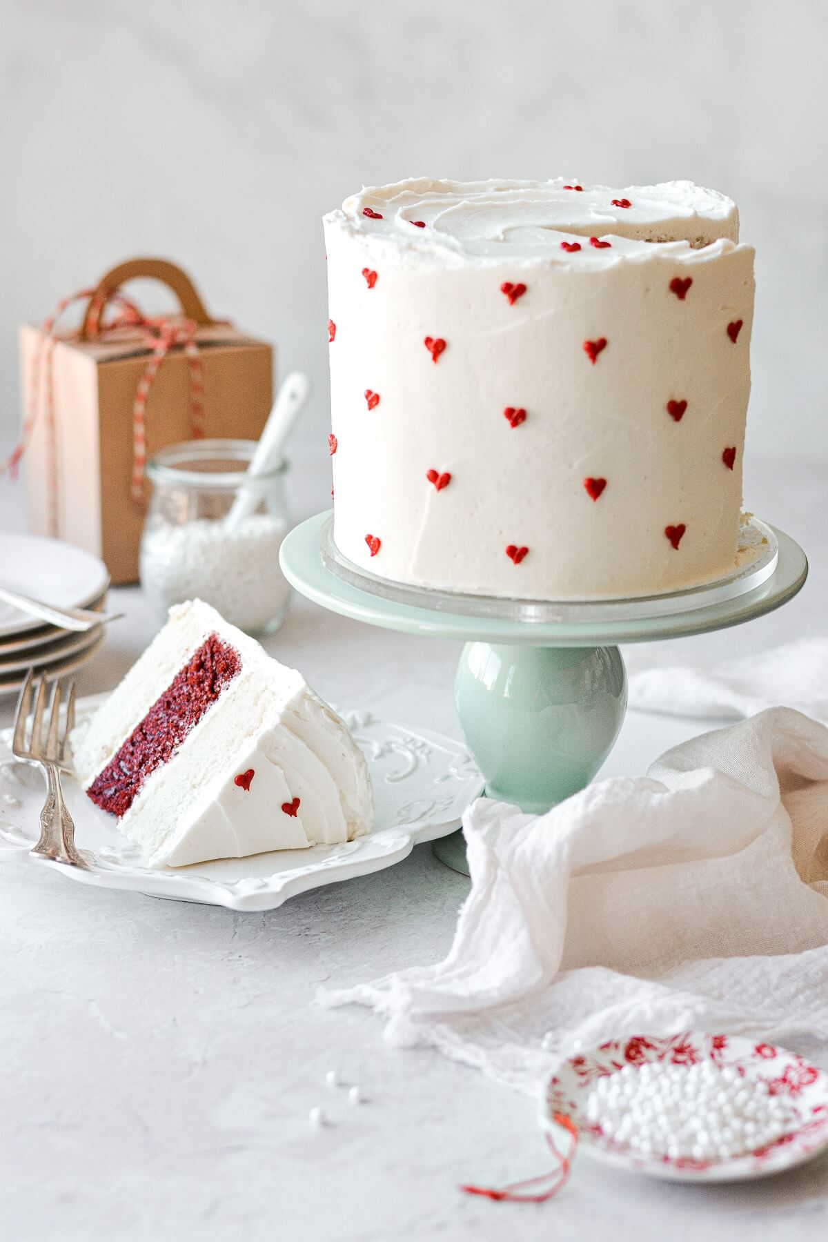 Red and White Valentine’s Day Cake with Mini Hearts - Curly Girl Kitchen