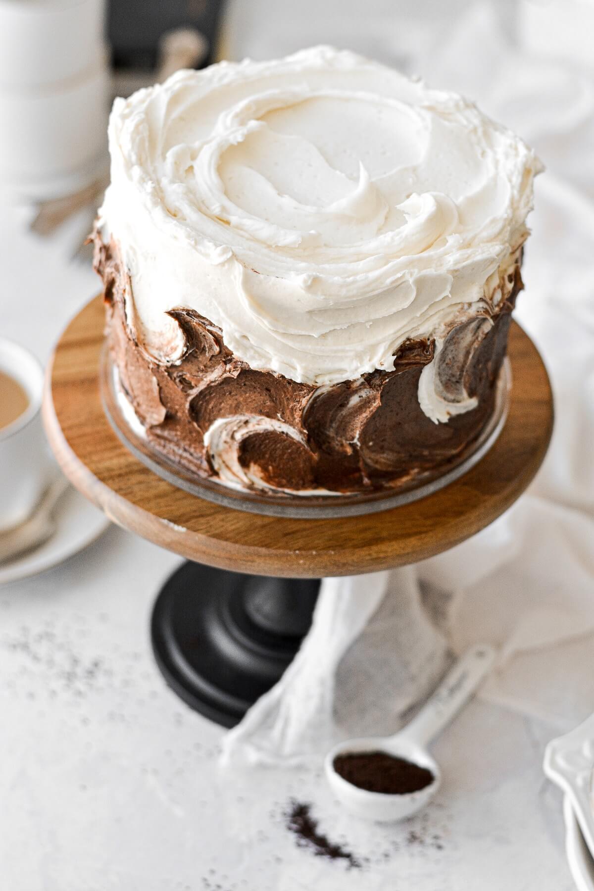 Vanilla latte cake with swirls of vanilla and chocolate espresso buttercream.