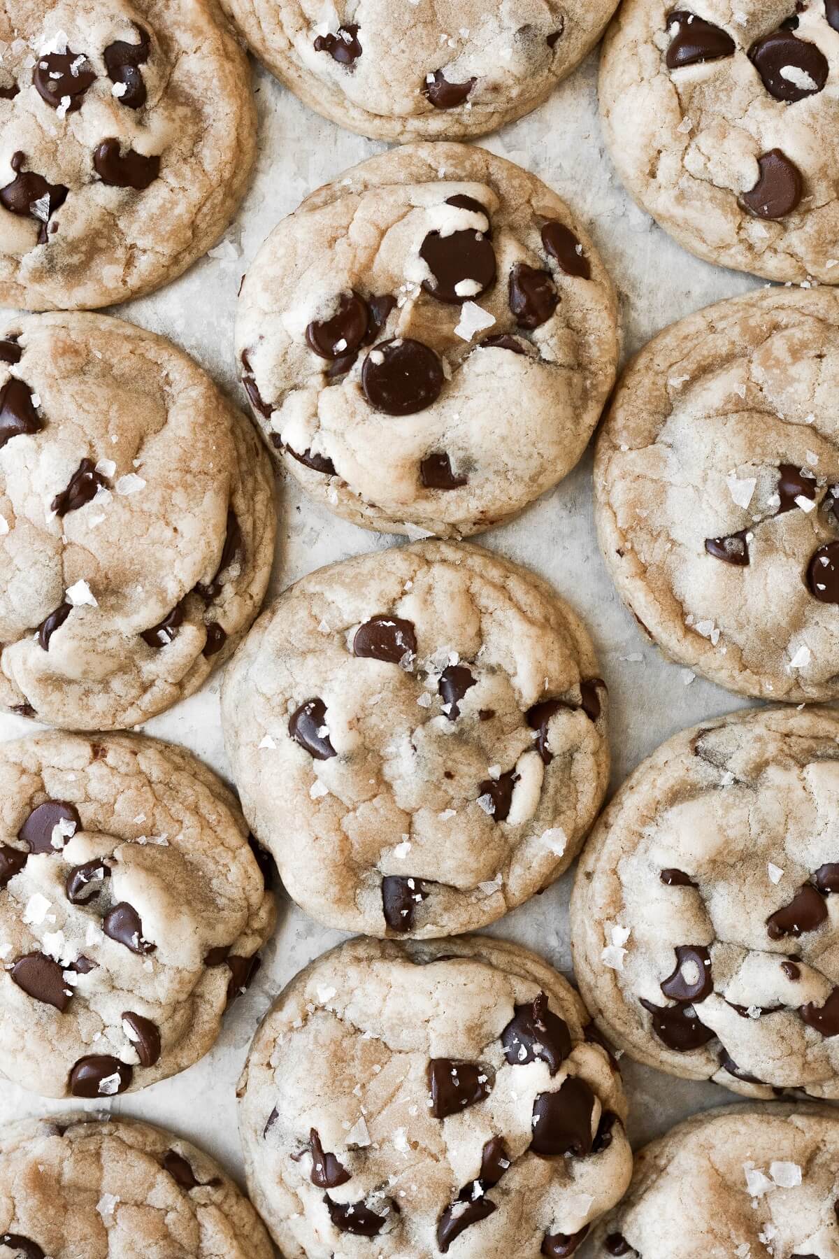 High altitude chocolate chip cookies, arranged on a baking sheet and sprinkled with sea salt.