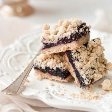 Blueberry crumb bars arranged on a plate.
