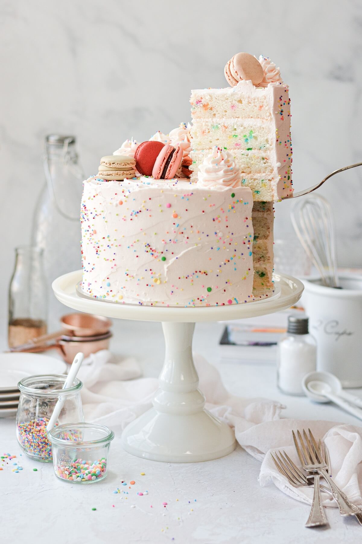 High Altitude Funfetti Cake with Rainbow Sprinkles and Macarons - Curly  Girl Kitchen