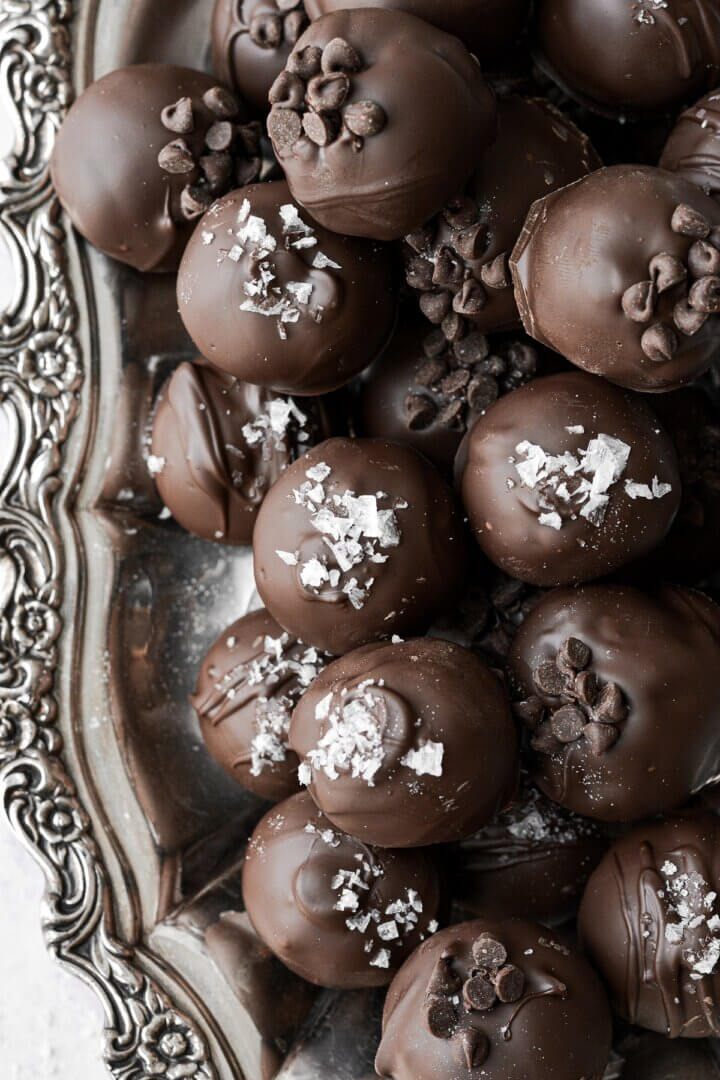 Chocolate chip cookie dough truffles, sprinkled with sea salt.