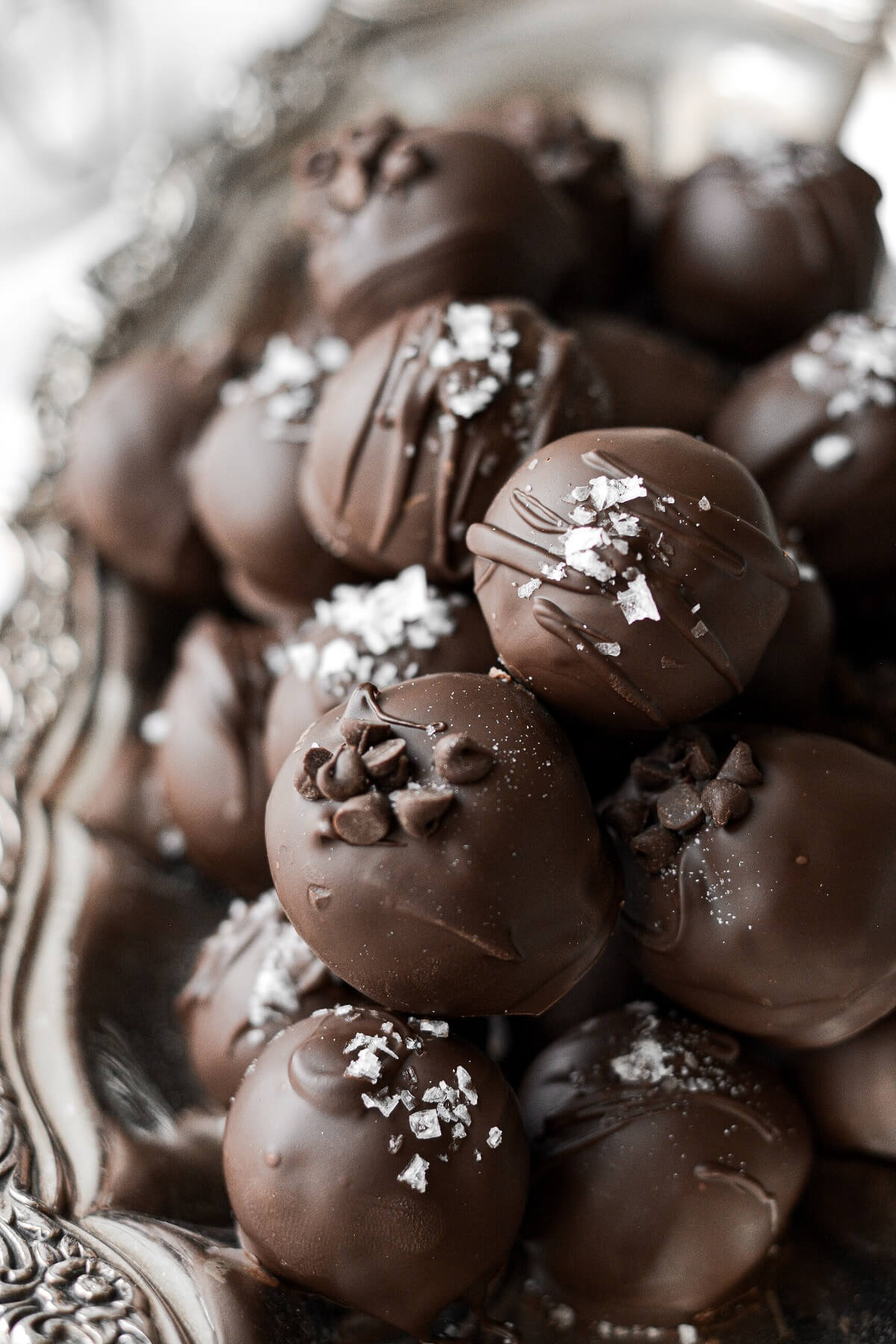 Chocolate chip cookie dough truffles, sprinkled with sea salt.