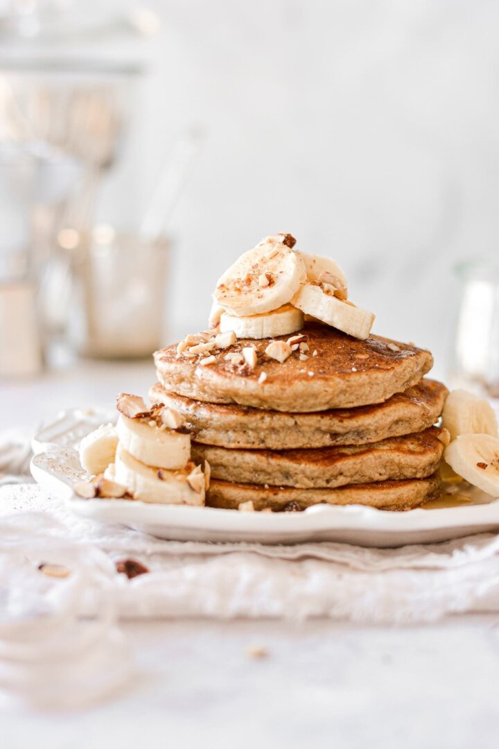 A stack of banana bread almond pancakes.