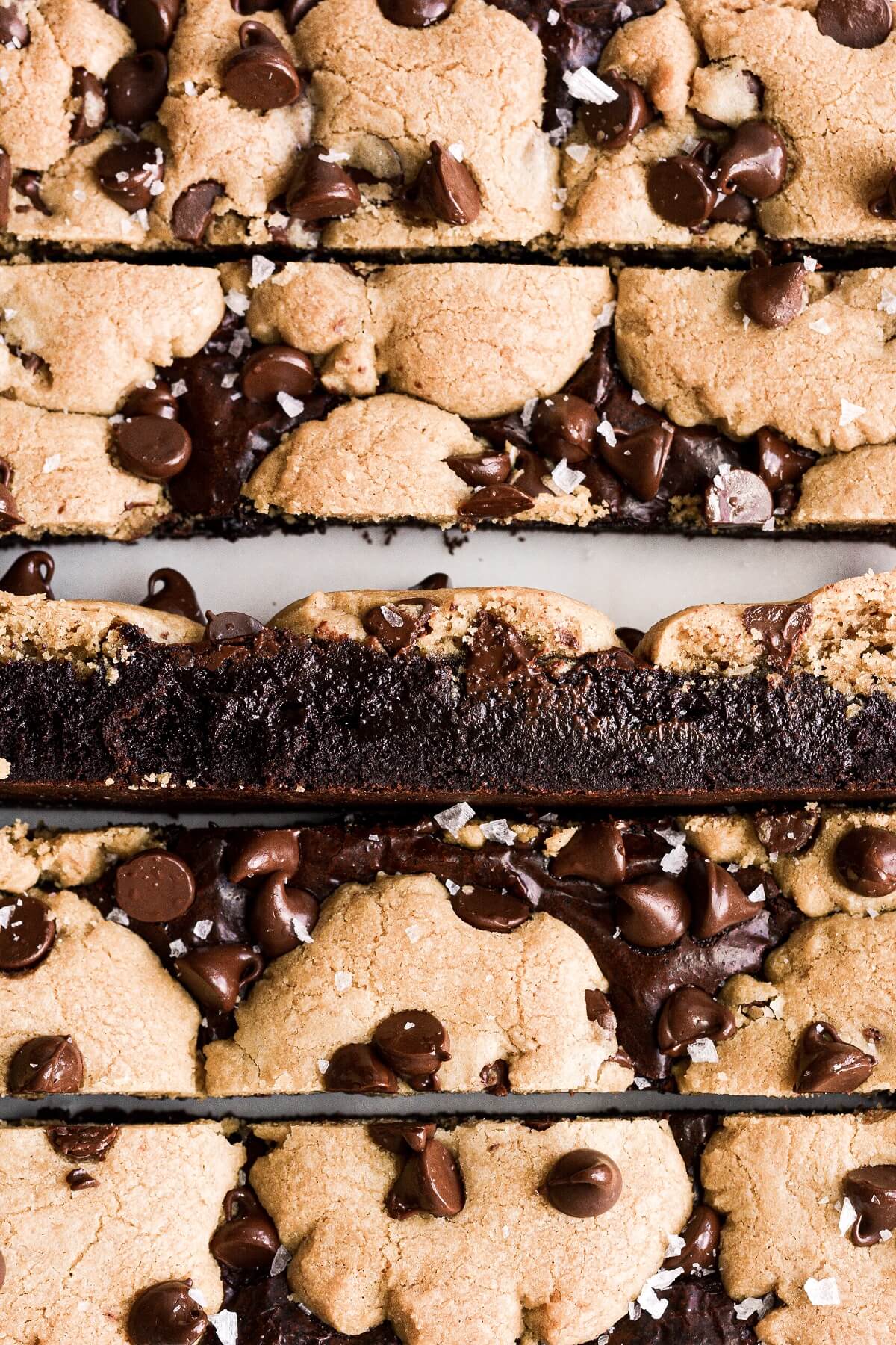 Closeup of chocolate chip cookie brownies cut into bars.