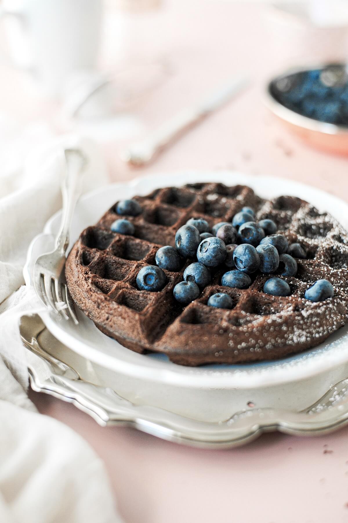 A chocolate waffle topped with blueberries.