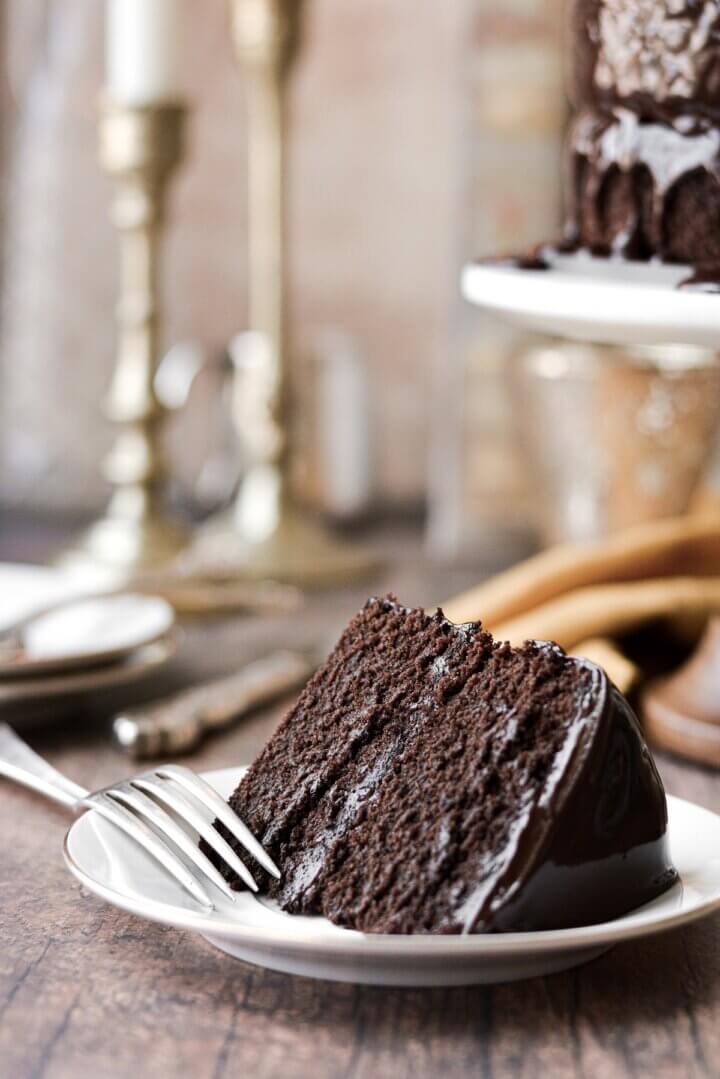 A slice of chocolate fudge cake.