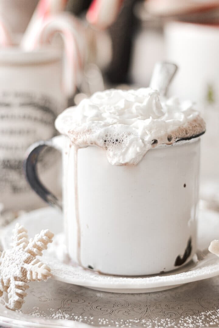 A cup of hot chocolate topped with whipped cream.