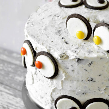 A cookies and cream cake with Oreo monster eyes.