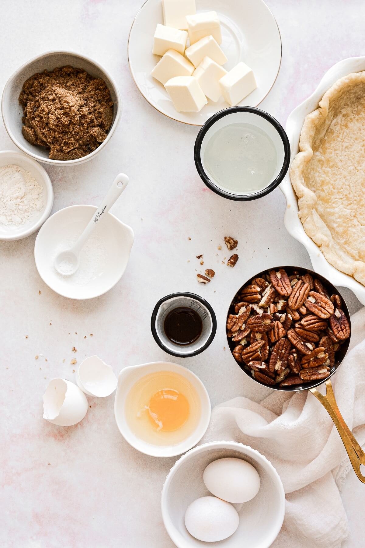 Ingredients for a classic pecan pie.
