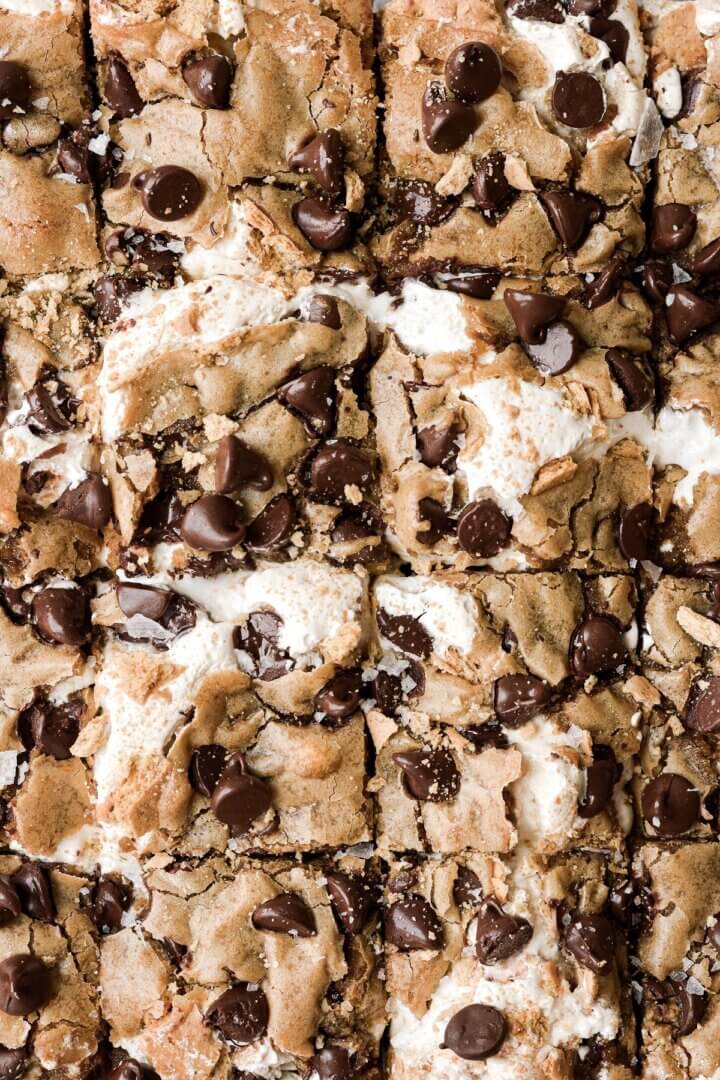 S'mores chocolate chip cookie bars cut into squares.