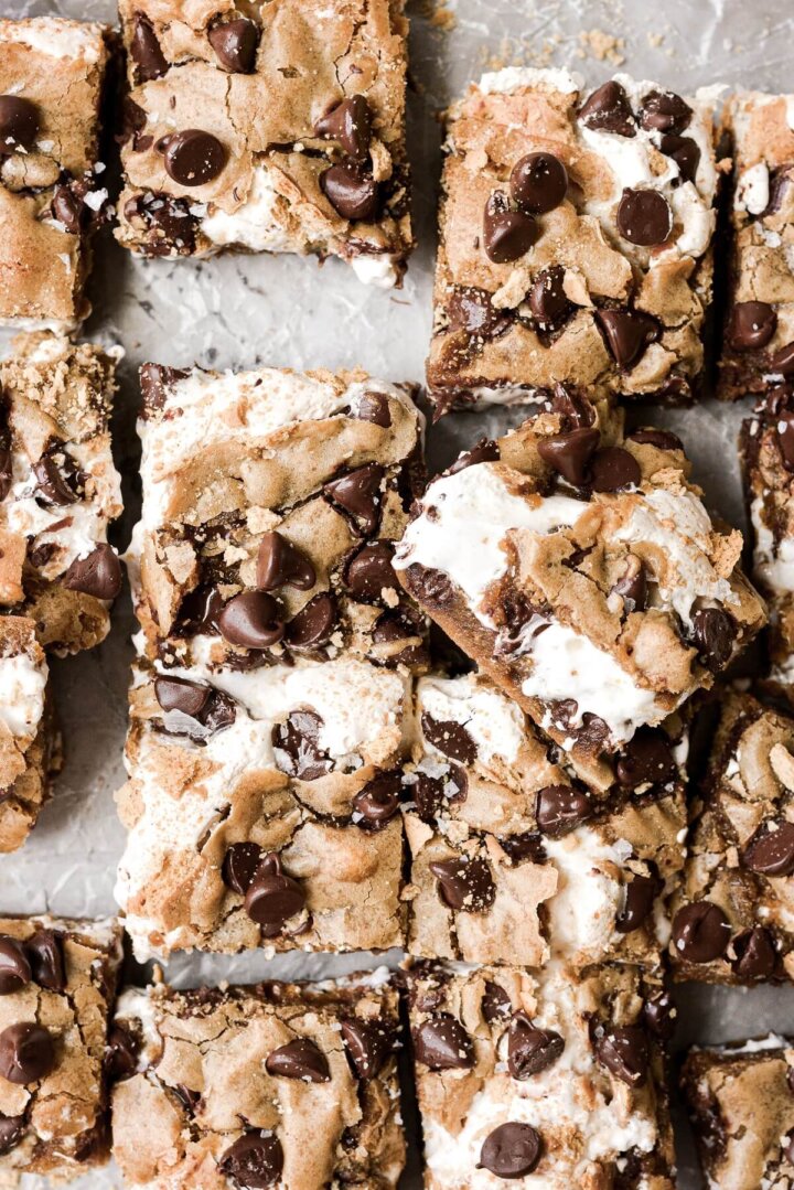 S'mores chocolate chip cookie bars cut into squares.