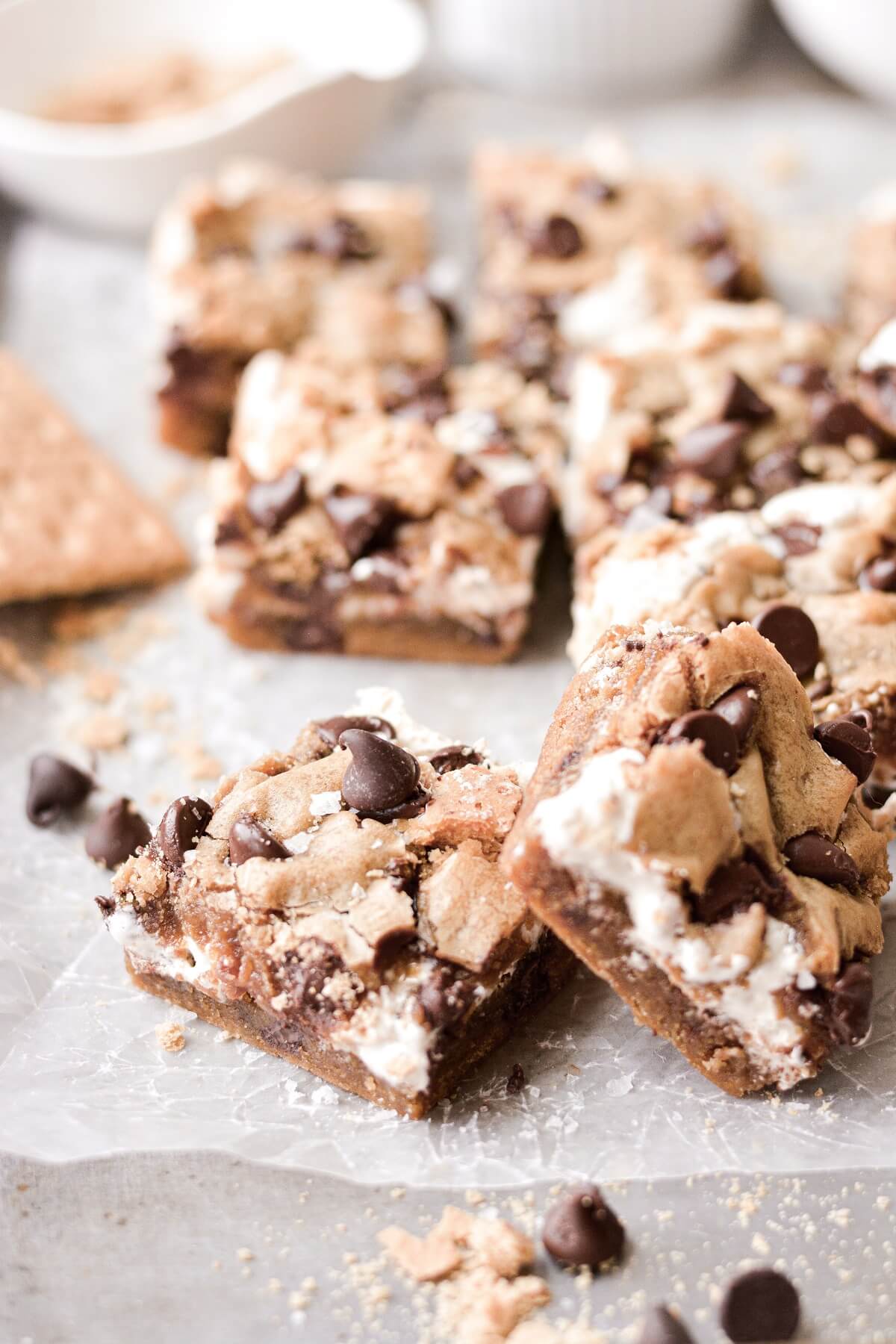 S'mores chocolate chip cookie bars on a baking sheet.