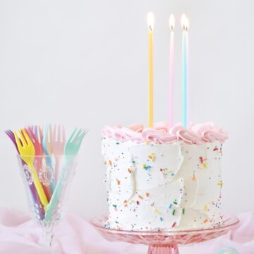 A birthday cake with sprinkles and candles.