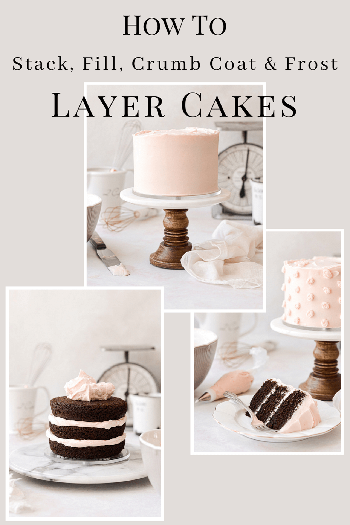 A graphic on how to stack, fill, crumb coat and frost layer cakes.