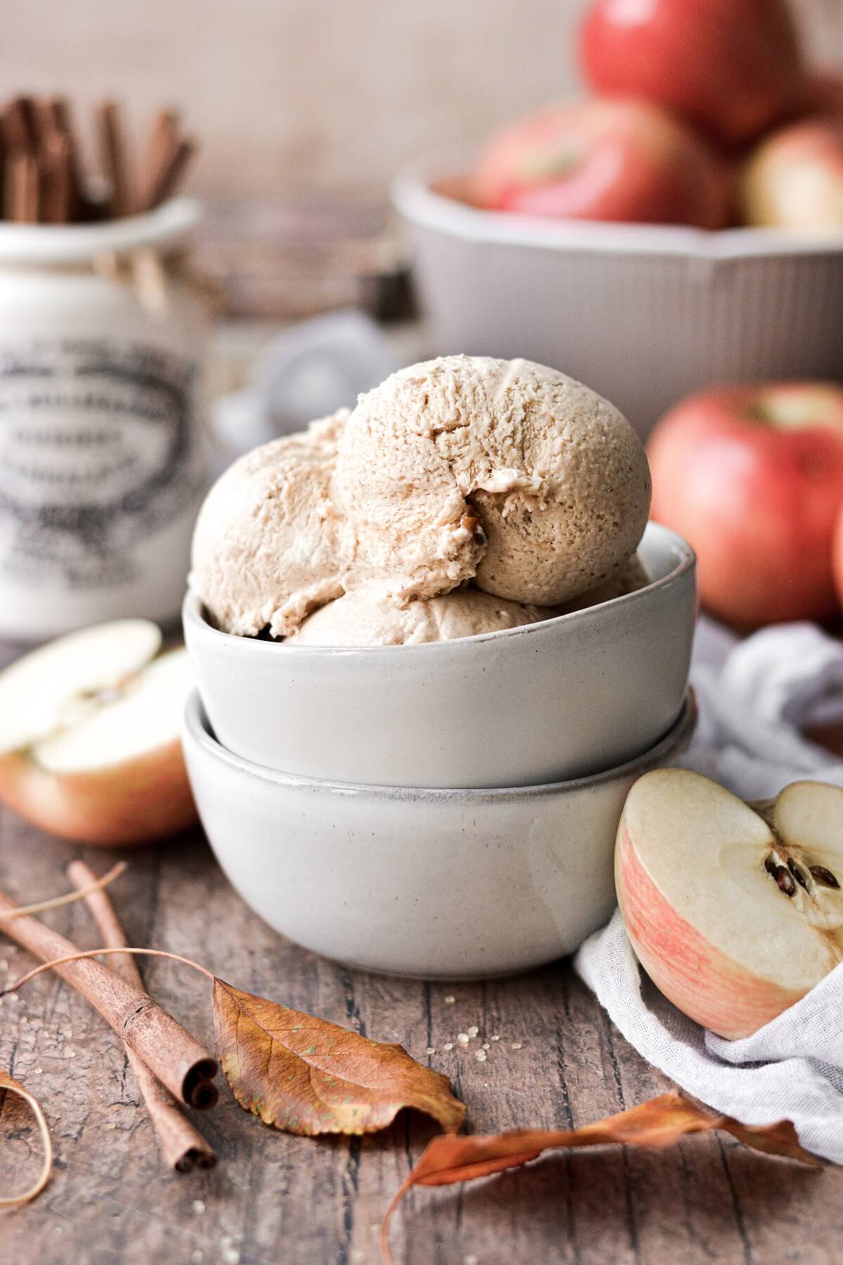 Apple butter toffee crunch ice cream in a stack of bowls.
