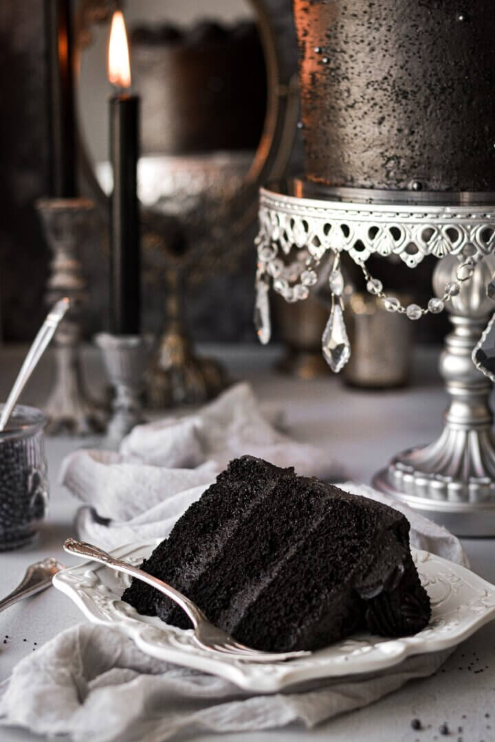 A slice of black velvet cake.
