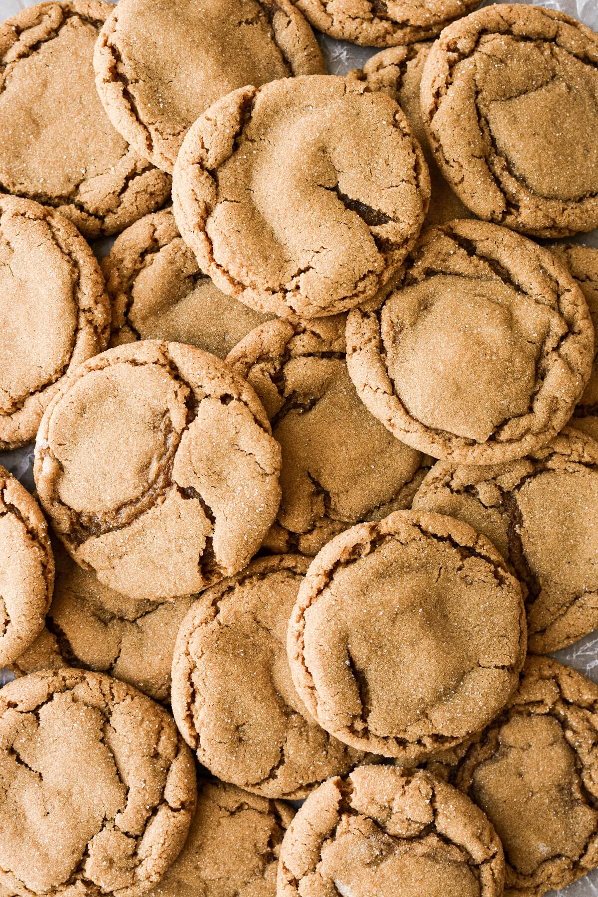 Soft ginger molasses cookies arranged on a baking sheet.