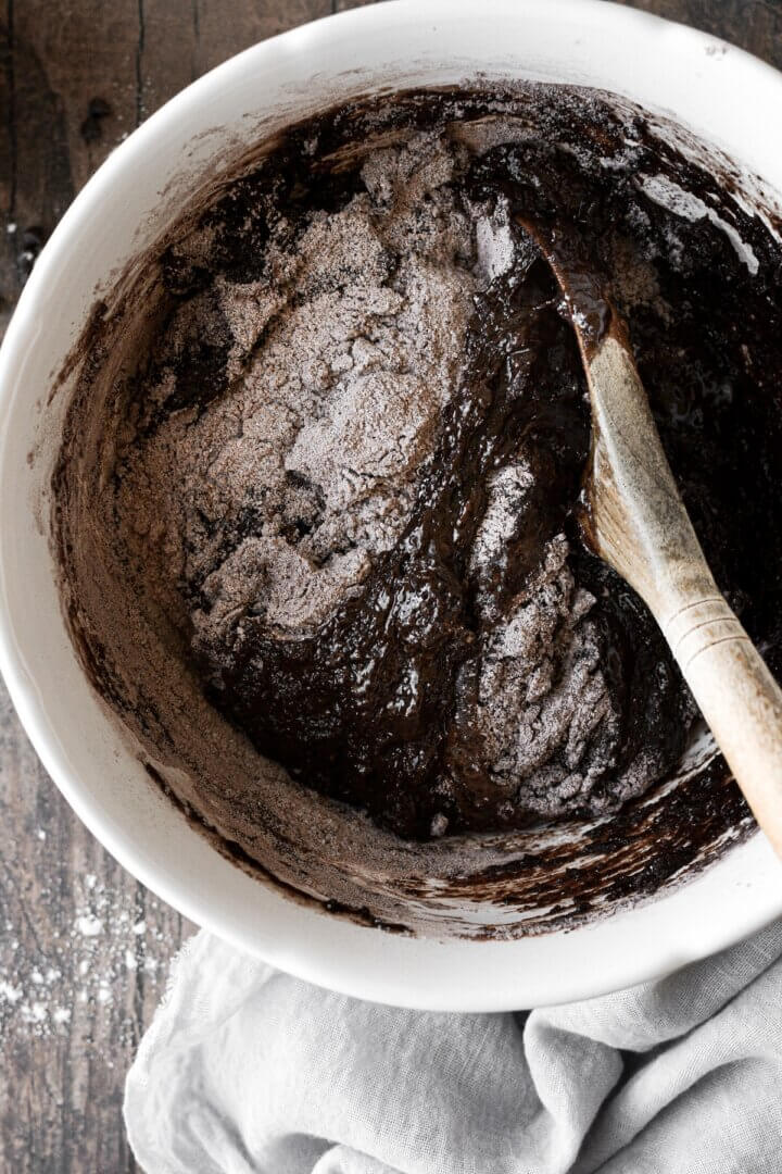 A bowl of chocolate batter for making chocolate biscotti.