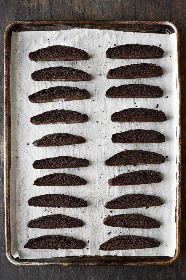 Chocolate biscotti arranged on a baking sheet for the second bake.
