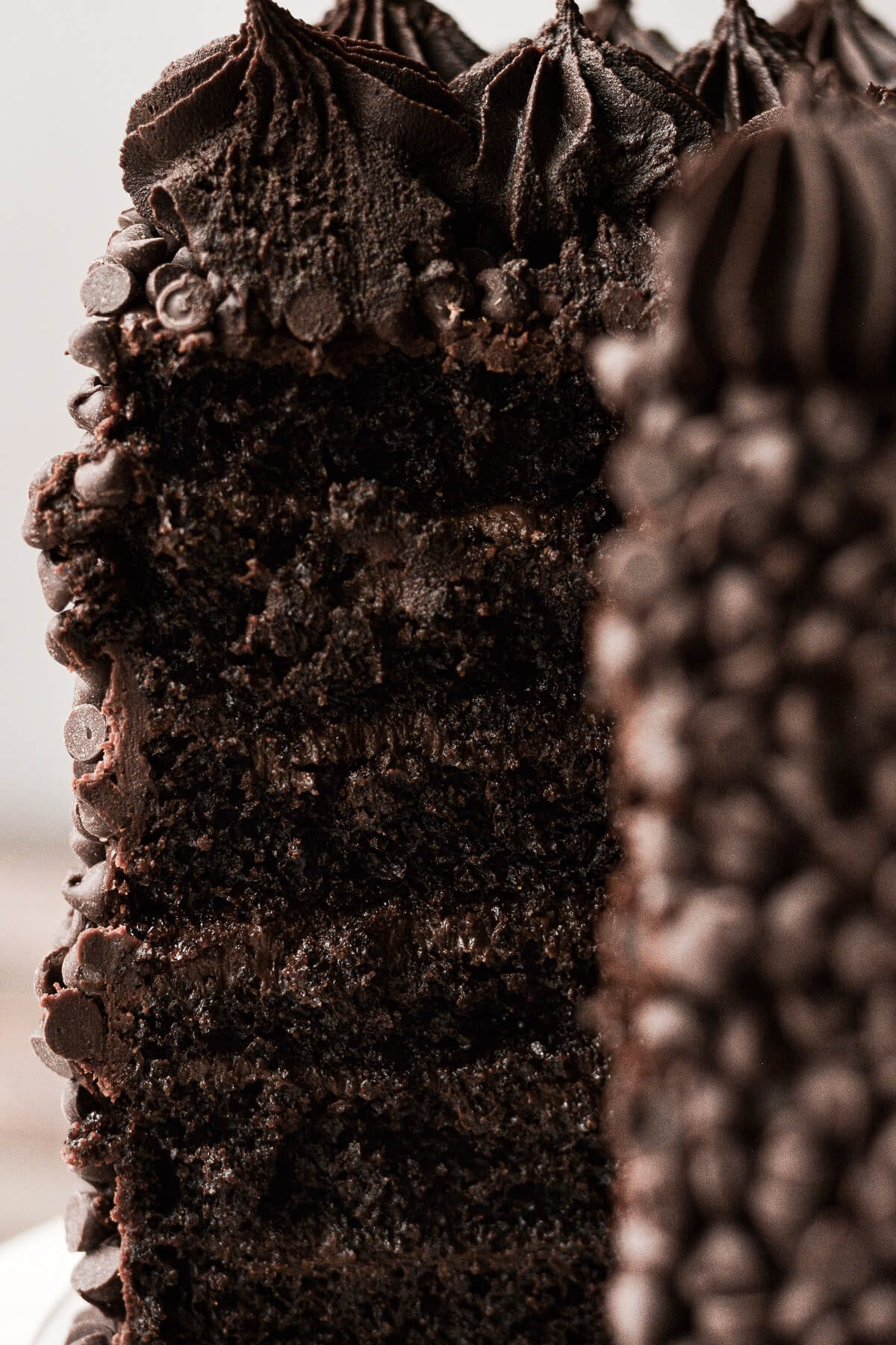 Closeup of the layers inside a chocolate truffle cake.