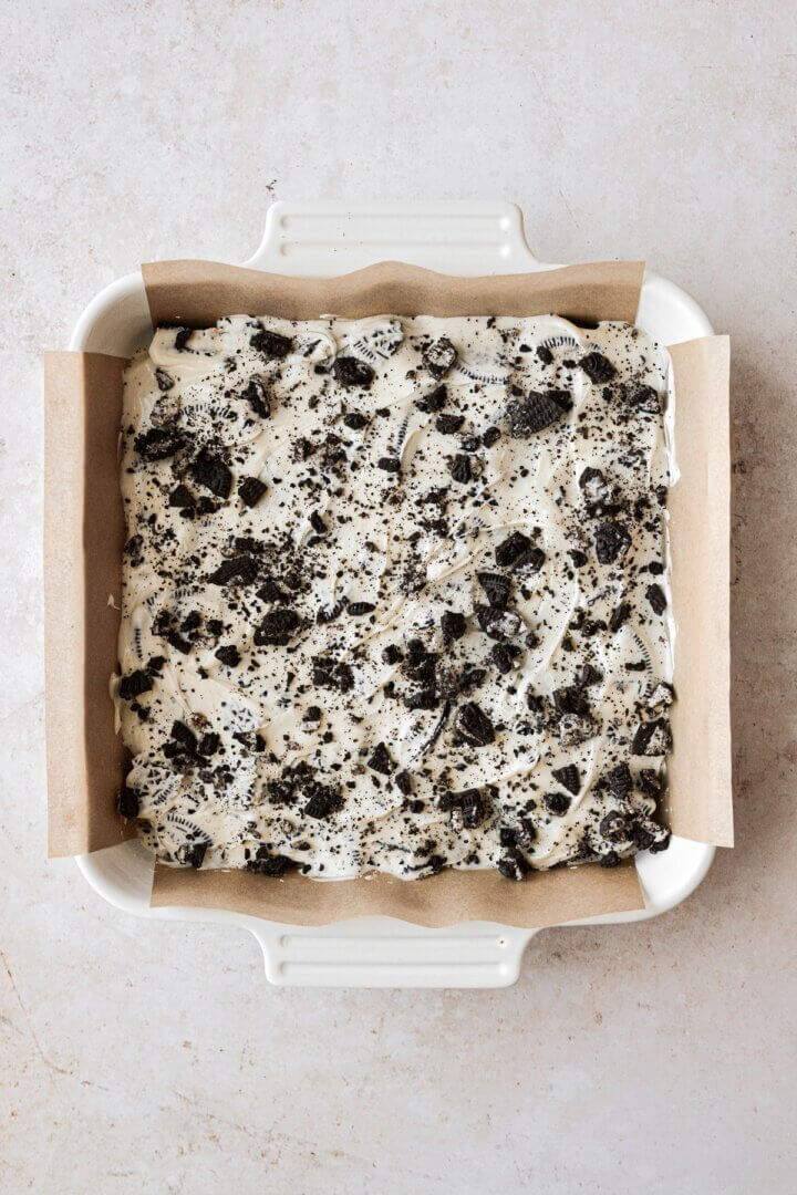 Cookies and cream bark in a baking dish.