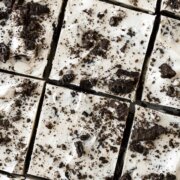 Closeup of squares of cookies and cream bark.