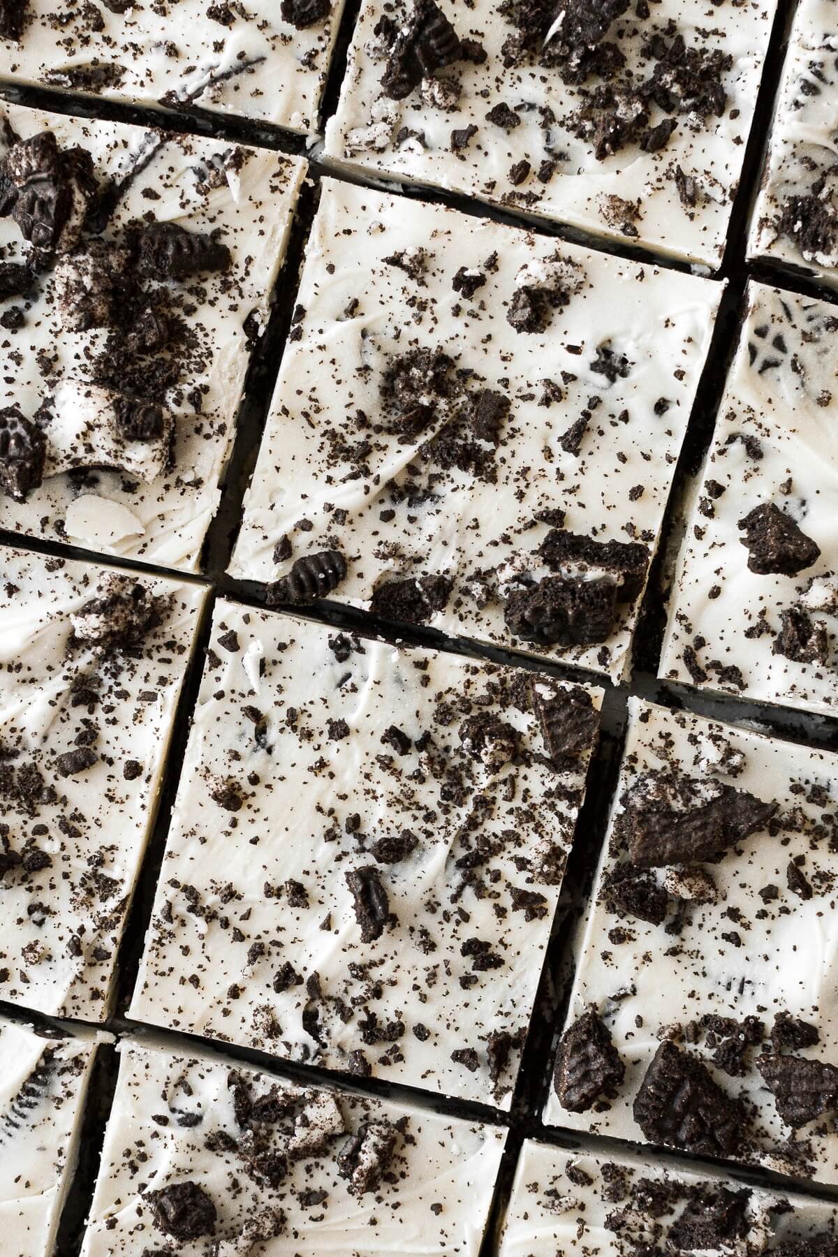 Closeup of squares of cookies and cream bark.