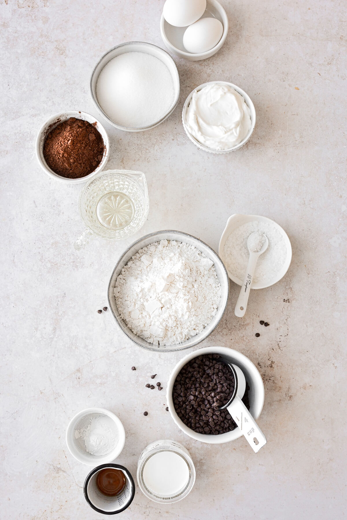 Ingredients for making chocolate muffins.