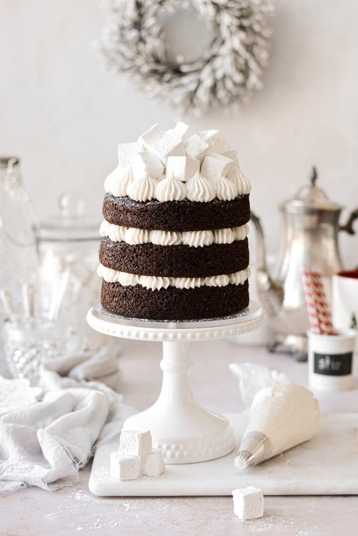 A hot chocolate cake for Christmas with chocolate cake, vanilla bean buttercream and homemade marshmallows.