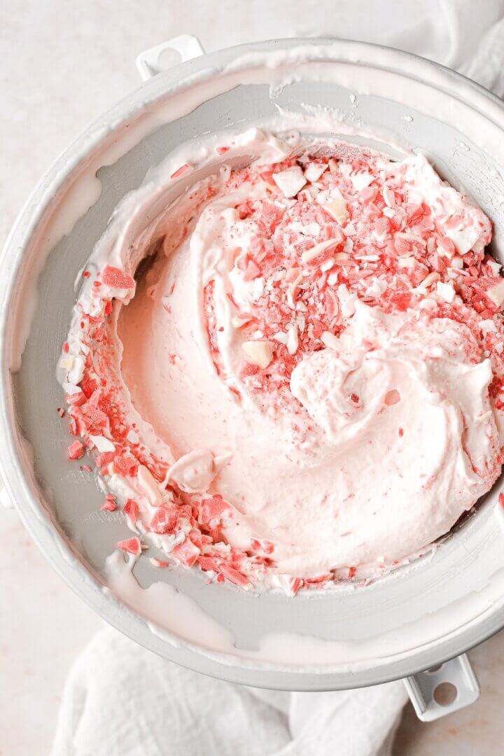 Just churned peppermint ice cream in an ice cream maker.