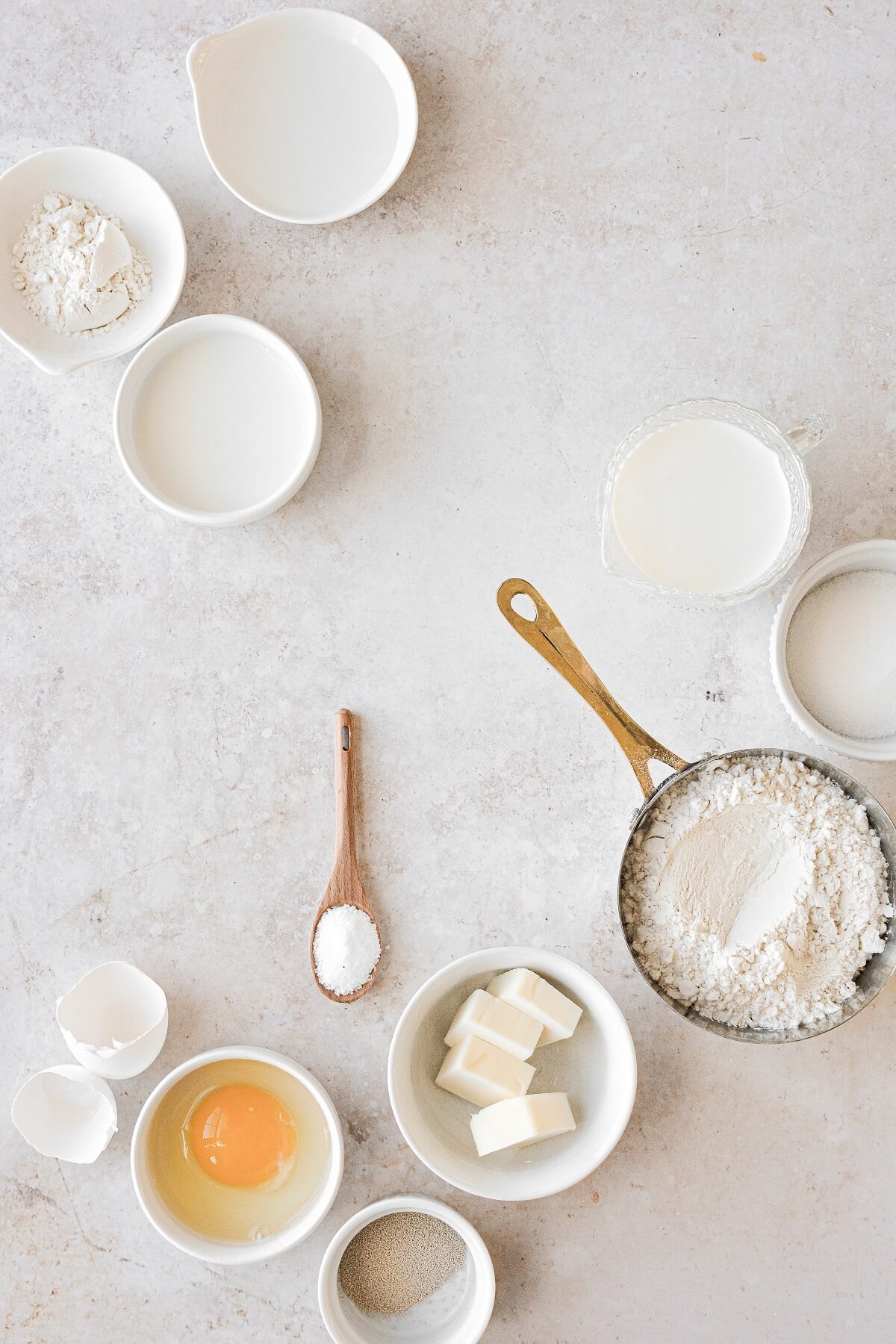 Ingredients for making homemade milk buns.