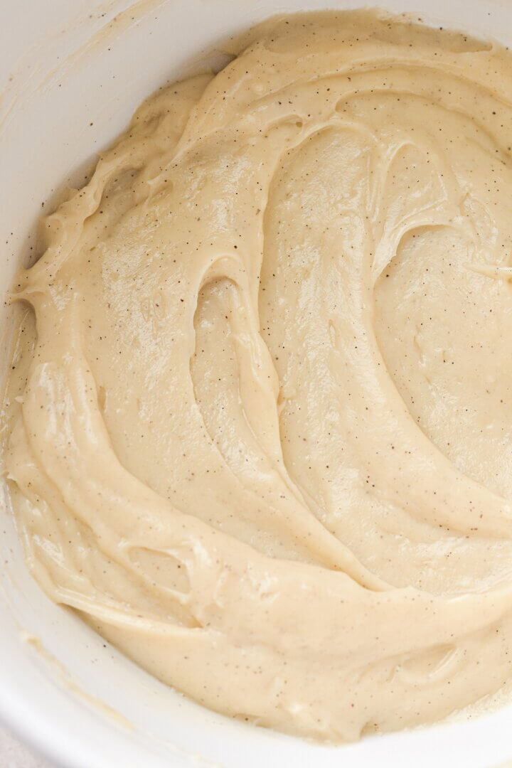 Closeup of vanilla bean custard.
