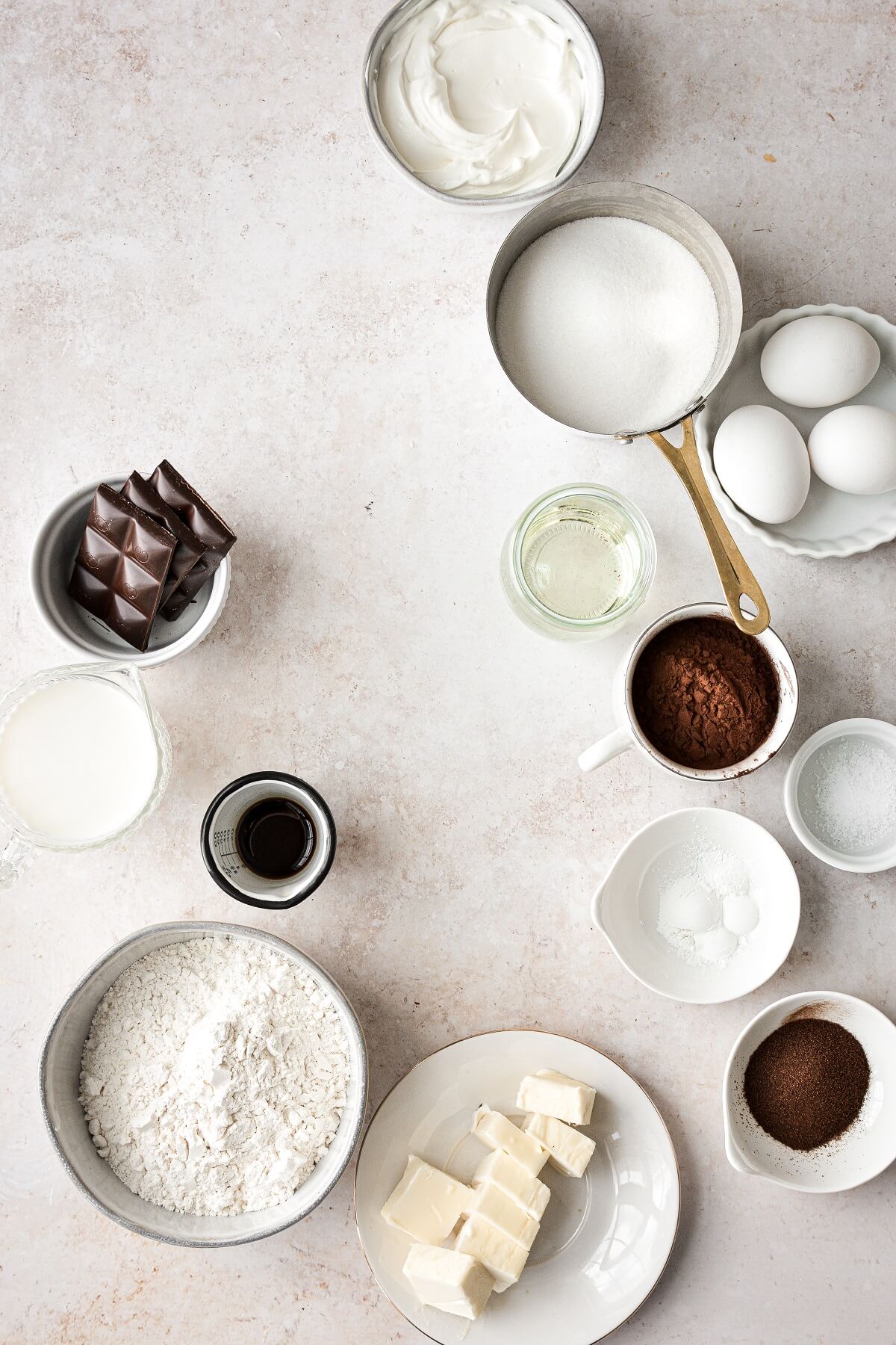 Ingredients for making chocolate bundt cake.