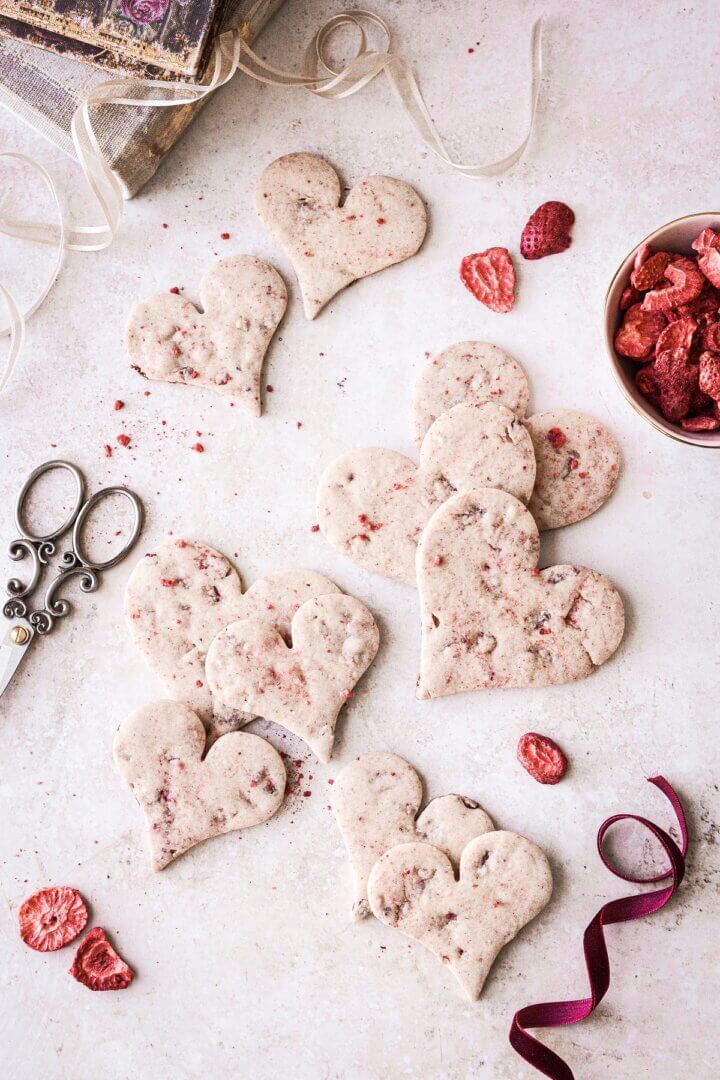 Heart shaped strawberry shortbread cookies.
