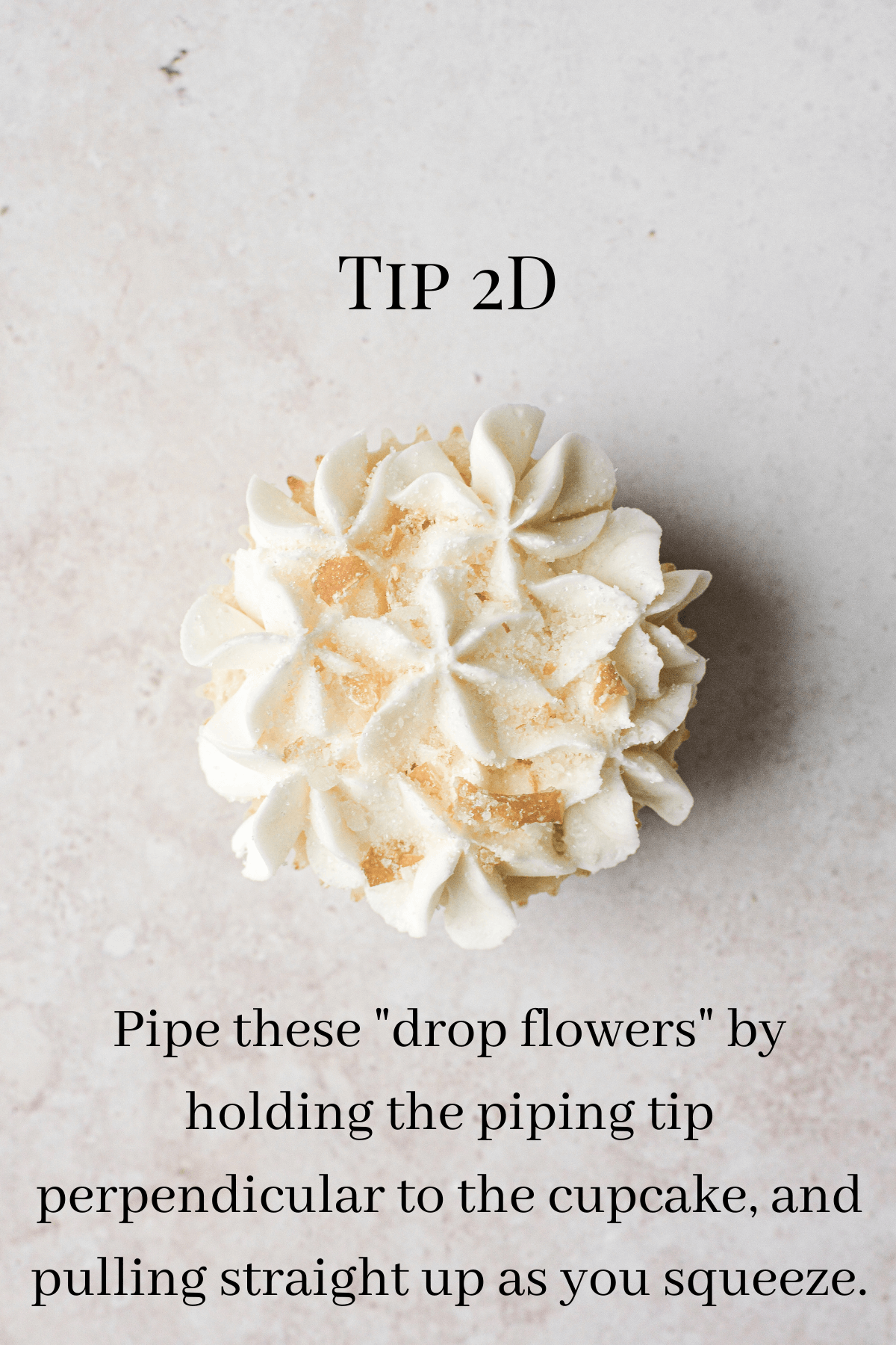 A graphic showing how to use tip 2D to pipe buttercream onto a lemon cupcake.