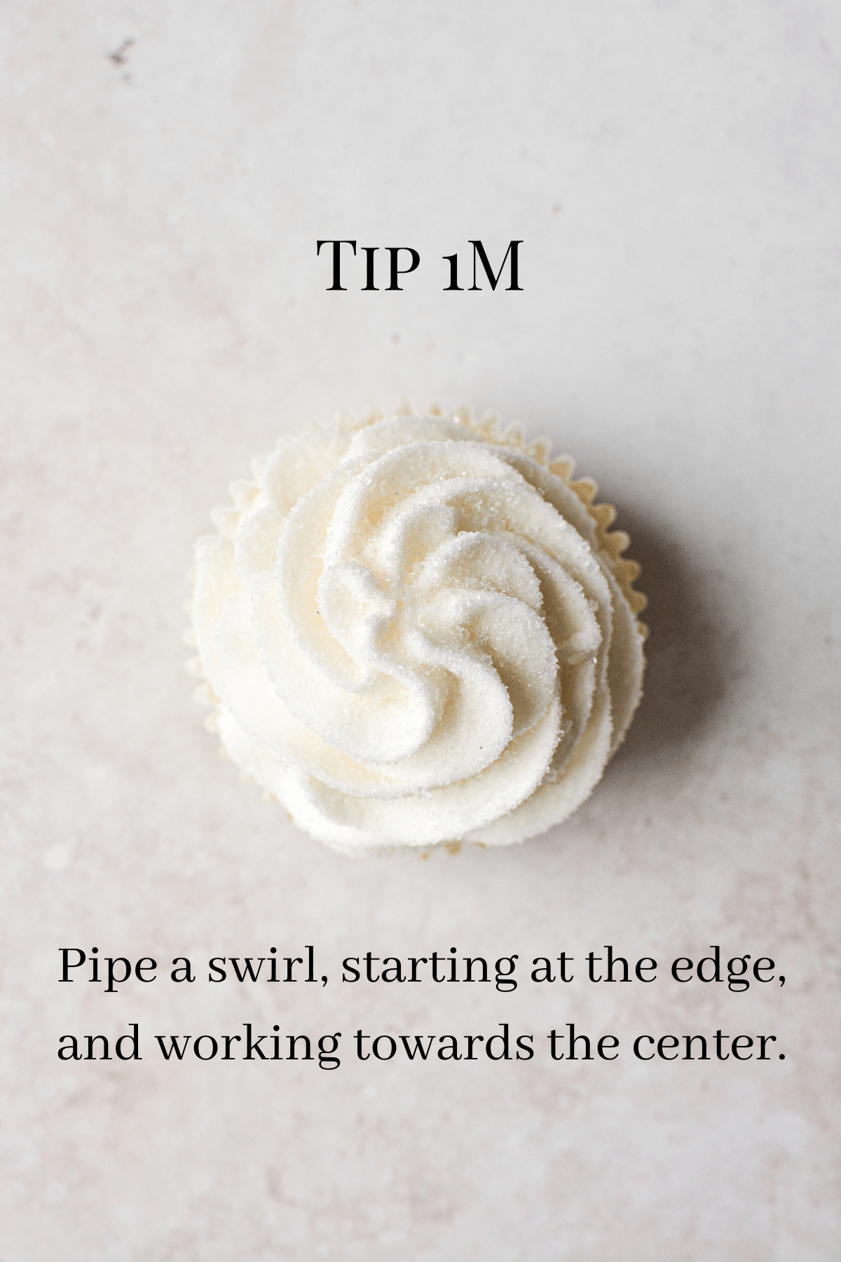 A graphic showing how to use tip 1M to pipe buttercream onto a lemon cupcake.