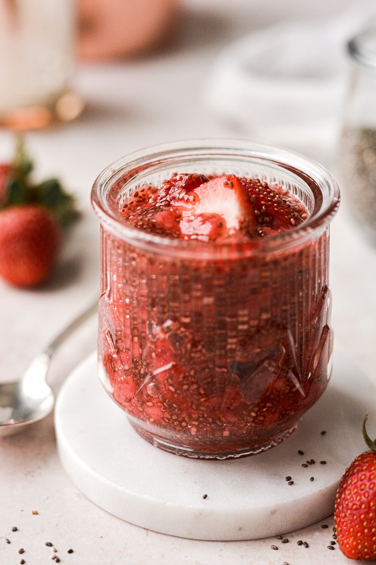 Jar of strawberry chia seed jam.