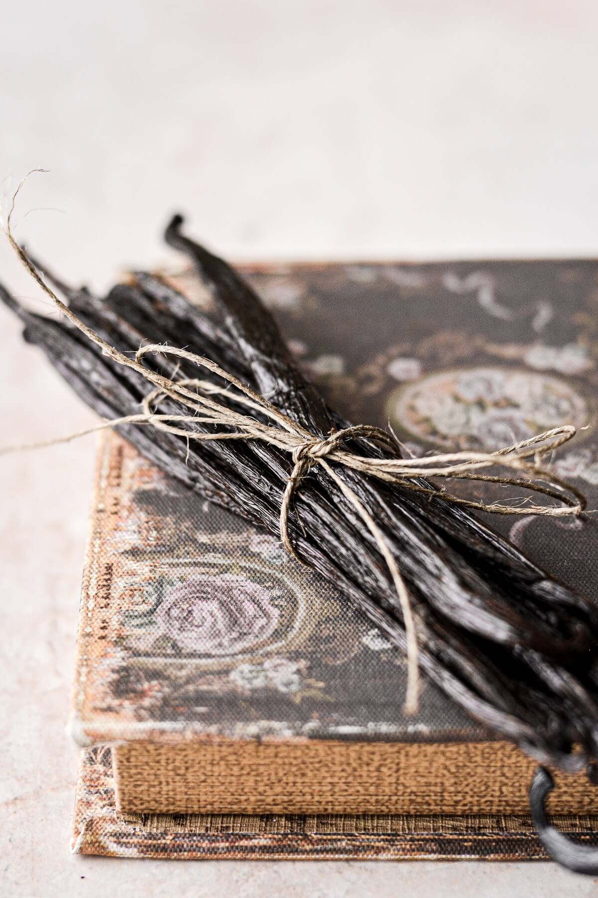 Vanilla beans tied with twine.
