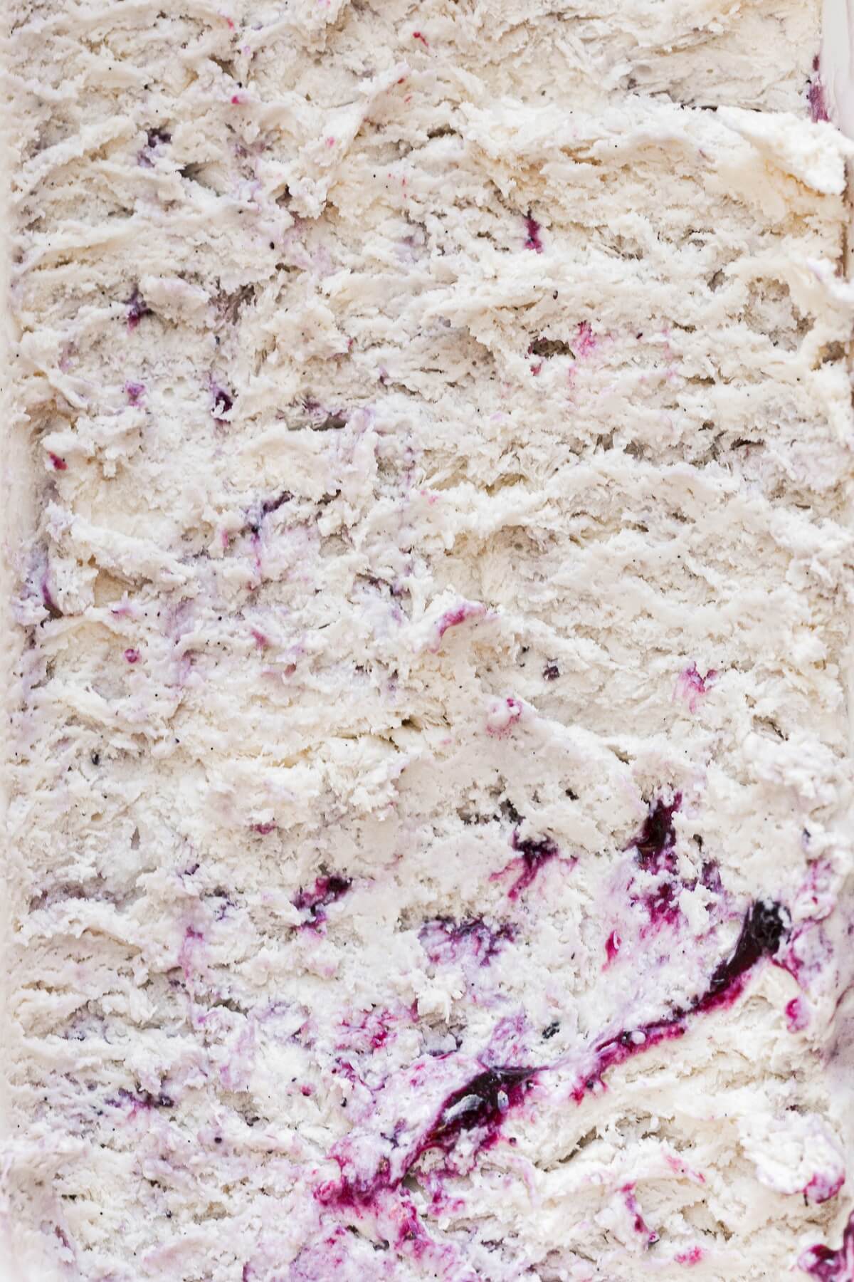Closeup of blueberry swirl ice cream.