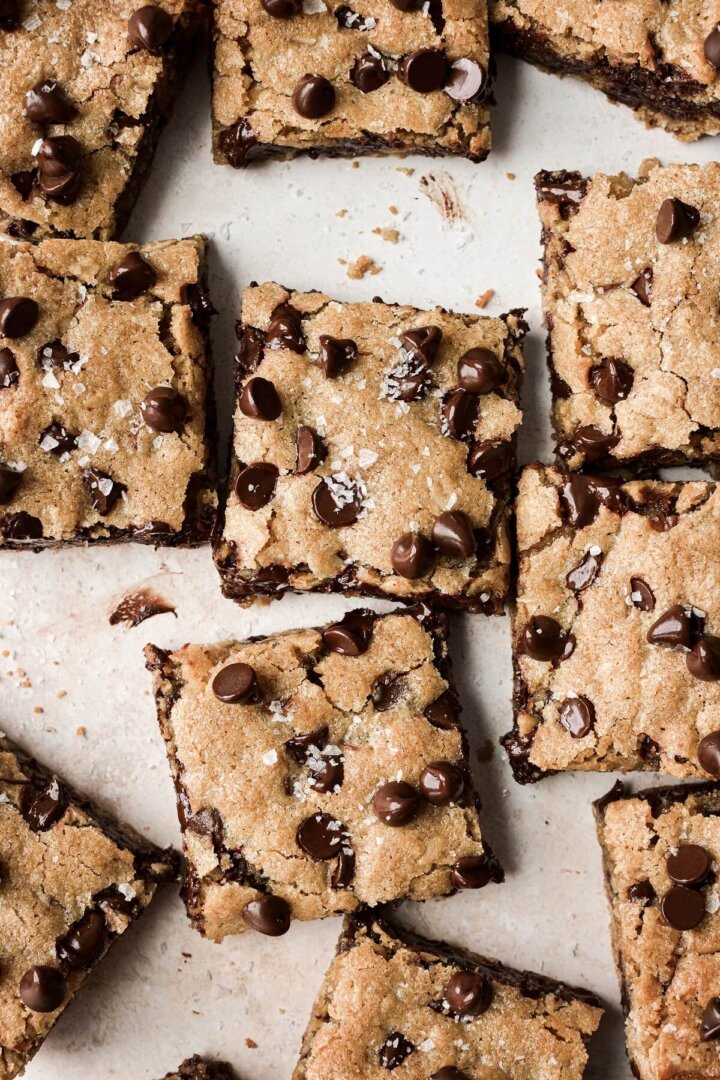 Squares of chocolate chip oatmeal bars.